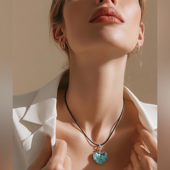 Elegant Genuine Turquoise Flake Crystal Heart Pendant Cord Necklace Gift - Picture 3 of 7